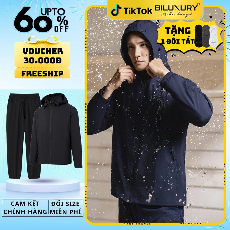 TẶNG 01 ĐÔI TẤT Bộ Gió Áo Khoác Gió 2 Lớp Và Quần Dài Gió Biluxuxy Áo Jacket Có Mũi Chất Vải Chống Nhăn Nhàu Trượt Nước Bền Màu Thiết Kế Ôm Vừa Vặn Tôn Dáng Đen Menswear Aokhoac Nam