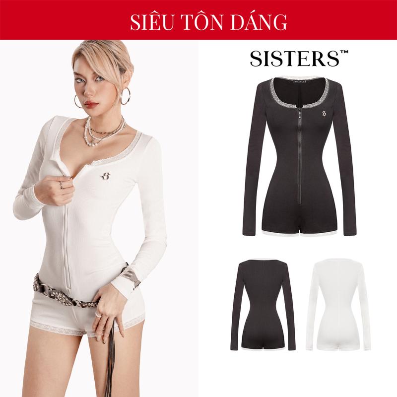 Jumpsuit nữ ngắn tay dài phối ren SISTERS cổ kèm khóa kéo màu đen trắng logo inox quyến rũ Linka | SS-J55 