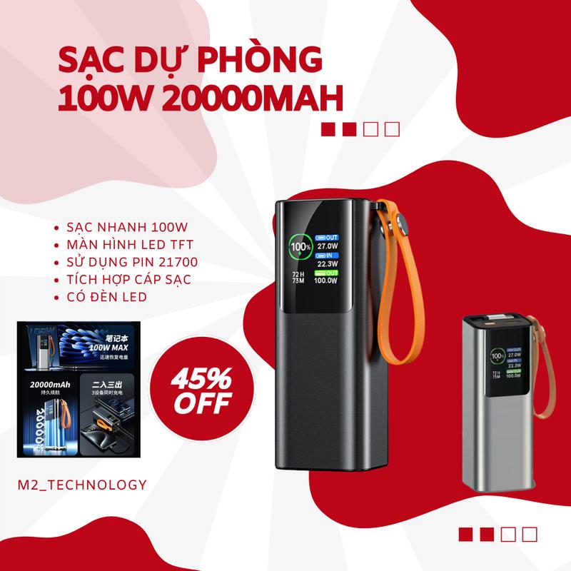 Sạc dự phòng 20000mah Màn hình TFT công xuất cao PD 100w . Vỏ hợp kim nhôm Kèm cáp có thể thu vào tích hợp