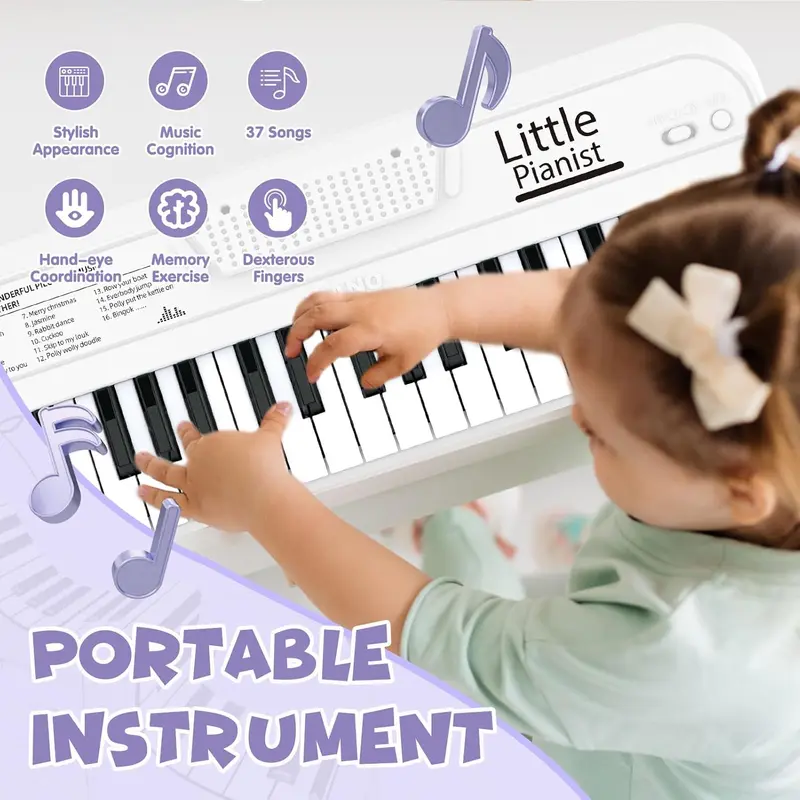 37 Keys Kids Piano Keyboard, Portable White Electronic Music Toy for Toddlers Ages 2-6, Educational Instrument with Songbook Stickers, Birthday Christmas Gifts for Boys Girls 7