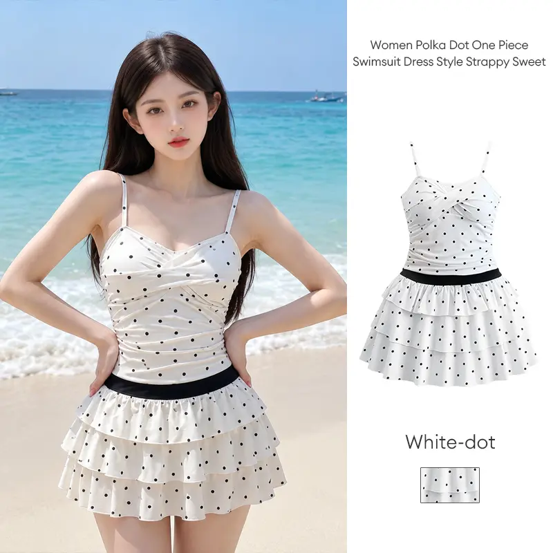Women Polka Dot One Piece Swimsuit Dress Style Strappy Sweet Girl Beach Swimwear Holiday Bathing Suit