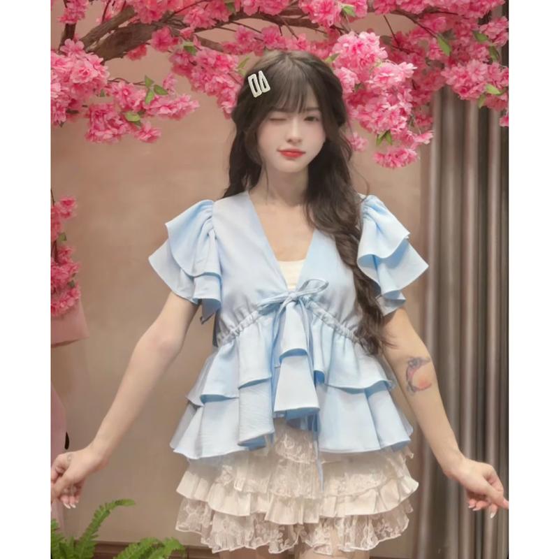Áo sơ mi kiểu nữ SM410 chất đũi lì dáng babydoll viền bèo cổ V tiểu thư có dây điều chỉnh phong cách Hàn Quốc Kozoda