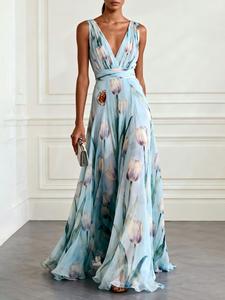 Vestido de línea A sin mangas con cuello en V y jacquard floral; vestido largo acampanado con estampado, cuello en V y cintura ceñida; ideal para vacaciones en la playa, fiestas, exposiciones de arte y moda