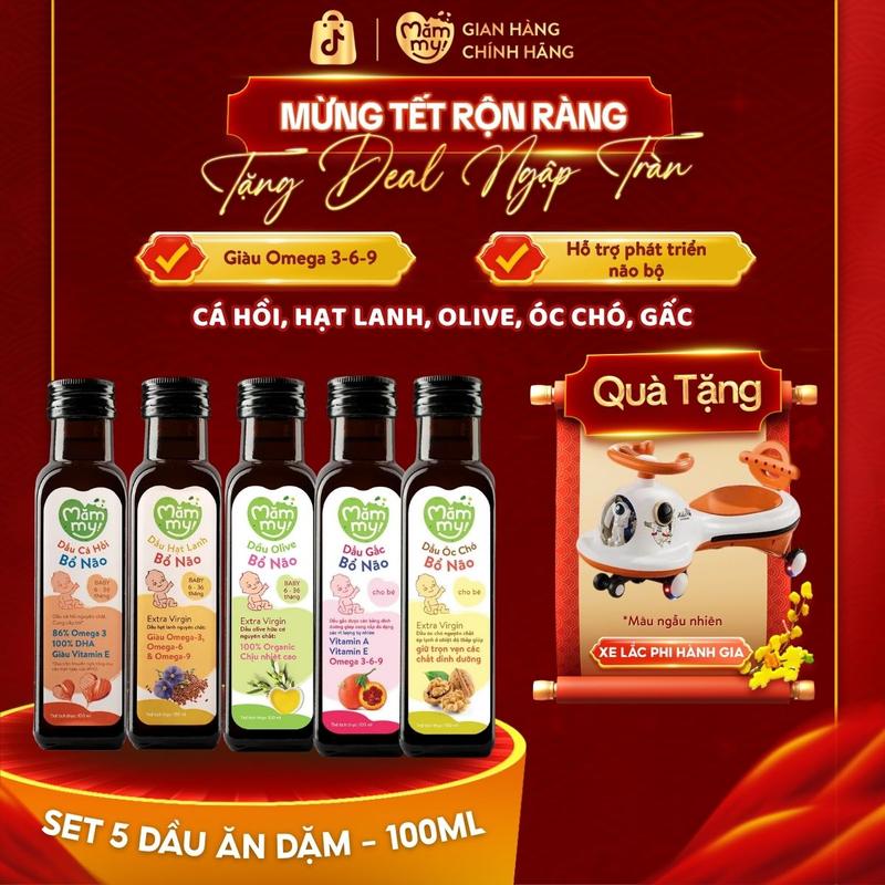  Combo 5 Chai Dầu Ăn Dặm MĂMMY  Cá Hồi Nauy Hạt Lanh Trung Đông Dầu Olive Ý Óc Chó Gấc  Bổ Sung DHA Omega Giúp Cho Bé Từ 6 Tháng Phát Triển Trí Não Chai 100ml  XL  