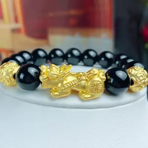 PQ-00 Gelang Pixiu Obsidian Alami Model Pasangan Uniseks Keahlian 5D Dinding Tipis Berongga gelang  batu  hitam