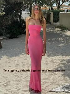 Vestido ceñido de mujer en color sólido con espalda descubierta y cordones ajustables en la espalda; elegante vestido maxi tipo tubo para fiestas, clubes y citas; vestido de verano para mujer; vestido sin tirantes para graduación.