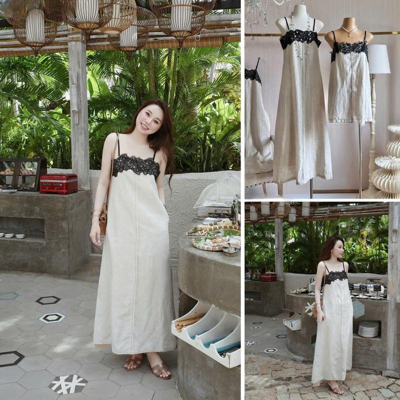 Váy 2 Dây Dành Cho Nữ Dáng Suông Phối Ren Hoa Chất Linen Bột Mềm Mại by HH- MS273