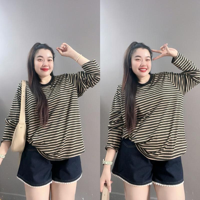 Áo thun tay dài sọc ngang unisex form rộng Bigsize Nữ chất cotton co giãn thoải mái nhiều màu lựa chọn phong cách basic dễ phối đồ đi học đi chơi 50-92kg A296