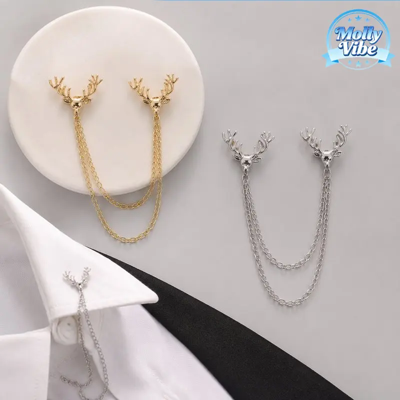 Pin Kerah Rantai Rusa Gold/Silver Alloy Vintage Kemeja Jas Penahan Kerah Rapi Aesthetic Aksesoris