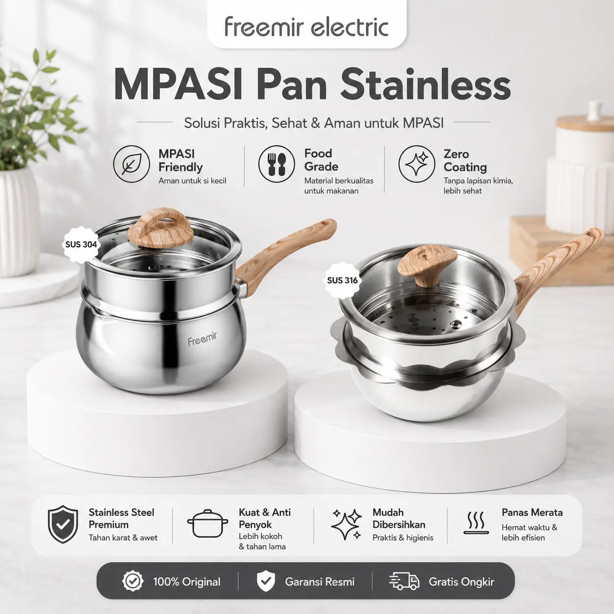 freemir Panci Bunga MPASI 16 Cm Stainless Steel SUS 316 Tanpa Lapisan Kimia Aman Sehat Madical Grade Food Grade Healthy Baby Food Kukusan Stainless Steel Steamer Multifungsi Kitchenware