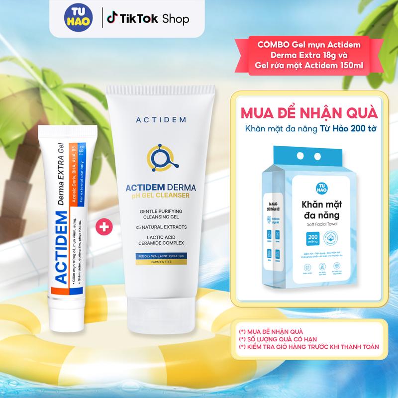 COMBO Gel mụn Extra 18 gram và Gel rửa mặt Actidem 150ml tặng Khăn mặt Từ Hảo 200 tờ