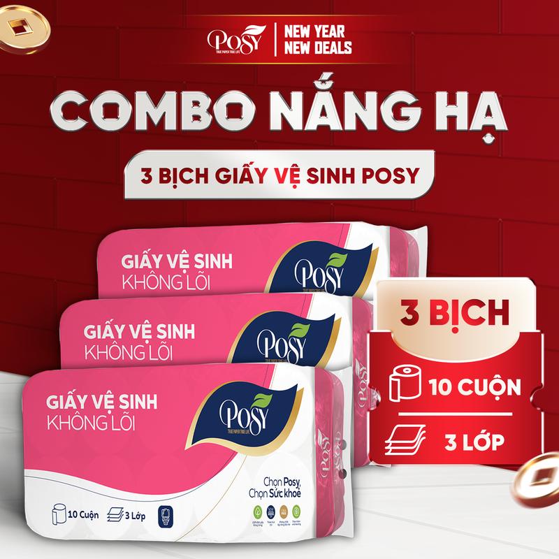 POSY - DEAL HỊN COMBO 3 BỊCH GIẤY VỆ SINH 10 CUỘN 3 LỚP CÓ LÕI KO LÕI - Mềm mịn nhẹ dịu tan nhanh trong nước