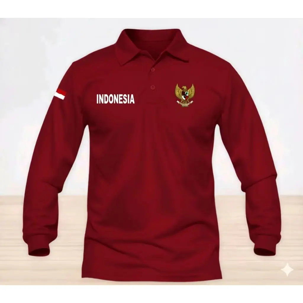 ( Terlaris ) Kaos Polo Lengan Panjang Logo Garuda + Tulisan Indonesia + Bendera Tangan / Kaos Kerah Seragam High Quality
