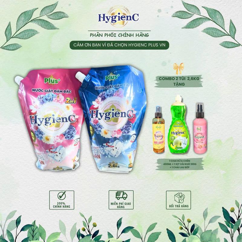 [TẶNG BỘ 3 PHẦN QUÀ] Combo 2 Túi Nước giặt 5,2kg HygienC Plus (2,6kg/Túi) thơm ngát, làm sạch - Hàng Việt Nam sản xuất (QÙA: 1 Nước Rửa Chén 400gr + 1 Xịt Khô Hồng 100ml + 1 Chai Lau Bếp 250ml)