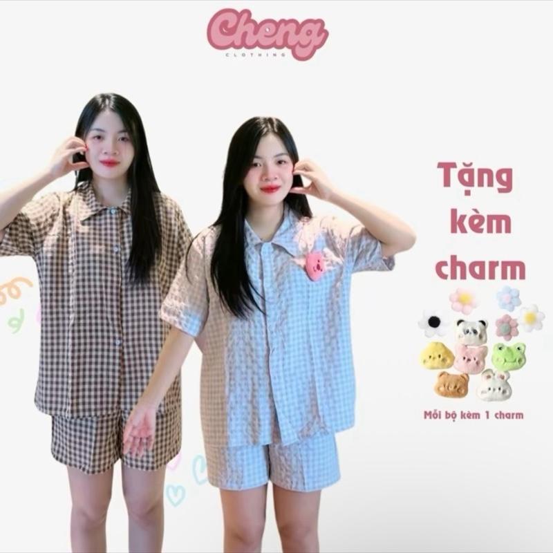 Bộ đồ ngủ kẻ caro chất vải kate thoáng mát nhiều màu tặng kèm charm