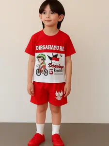 Setelan Merah Putih Anak Usia 6 Bulan Sampai 6 Tahun Kemerdekaan Indonesia Dirgahayu RI Dirgahayu 17 Republik Indonesia dengan Desain Kartun dan Warna Merah Putih yang Menarik