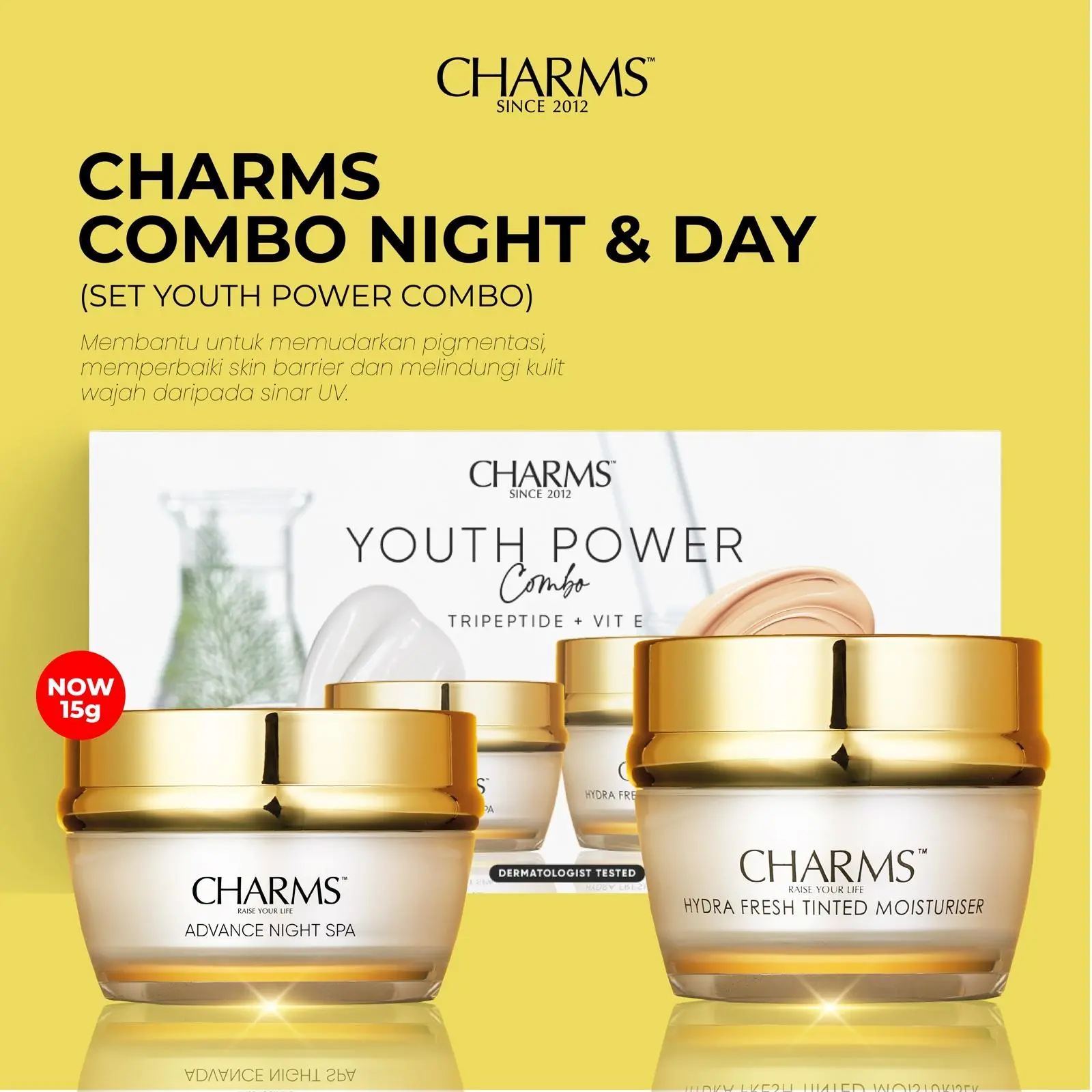 CHARMS Combo Knight & Day (Hydra Fresh Tinted Moisturiser SPF50 Broad Spectrum 30GM + CHARMS Advance Night Spa 15GM) Wajah Kulit Skincare Moisturizer Krim Moisture Bright Cotton Pads Cream