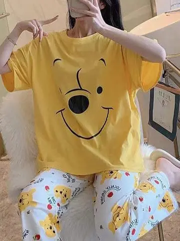 Piyama Baju Tidur Wanita Model Kaos Lengan Pendek dan Celana Panjang dengan Motif Kartun Lucu - Bahan Lembut -T010 3