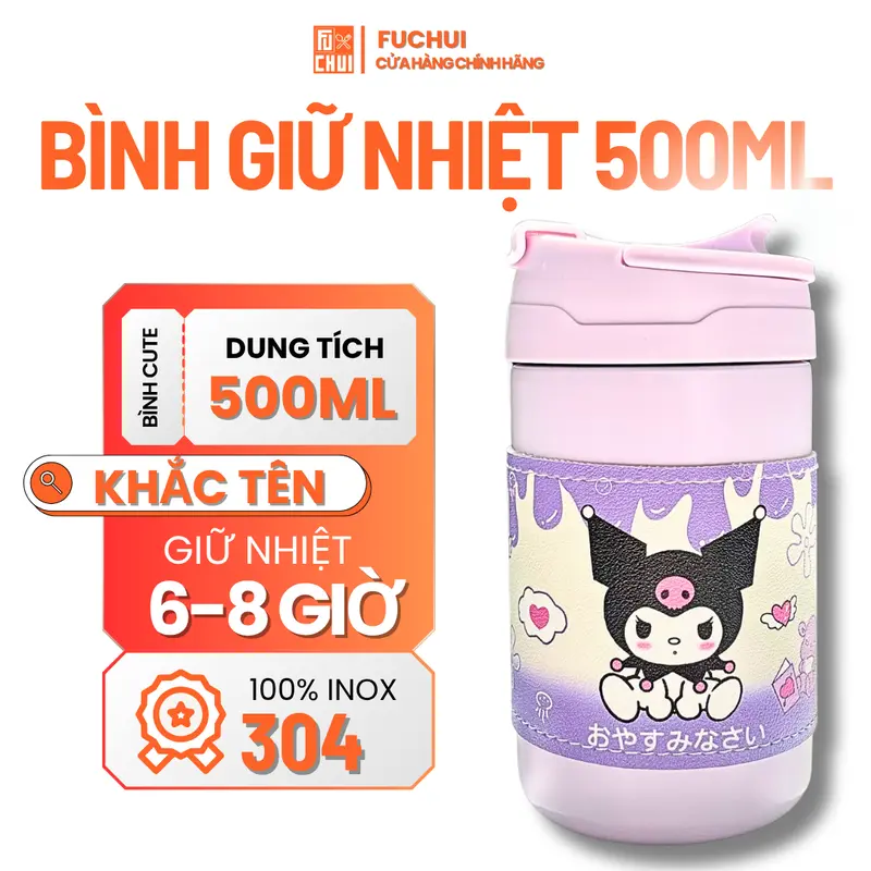 Bình Giữ Nhiệt FuChui 500ml Inox 304 – Thiết Kế Cute - Có Ống Hút - Khắc Tên Theo Yêu Cầu 7