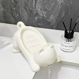 Kawaii White Cat Soap Drain Rack Kitchen Sponge Storage Rack Bathroom Soap Holder Non-slip Container Cute Home Organizer