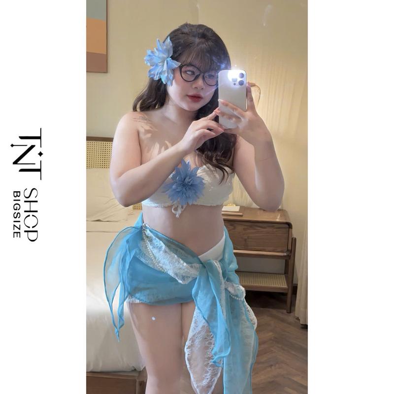 SET BIKINI HAWAII BIGSIZE 3 MÓN ÁO CUP CHÂN VÁY REN LƯỚI ĐÍNH HOA NGỌC ( không kèm áo khoác ) [TNT SHOP BIGSIZE 60KG 90KG]