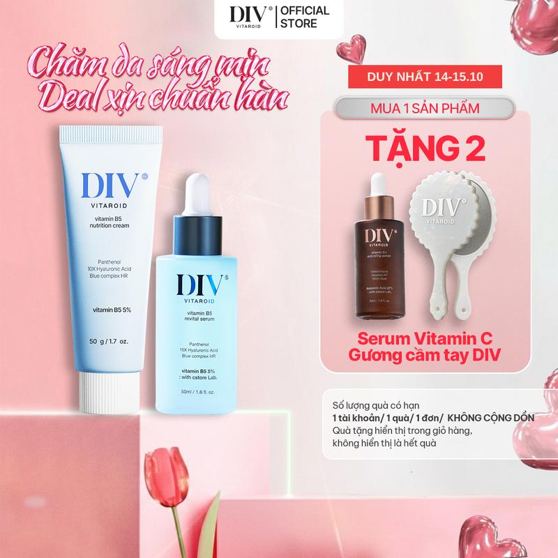 Bộ Đôi Dưỡng Ẩm Vitamin B5 Hỗ Trợ Làm Dịu Phục Hồi Da Serum 50ml Và Kem Dưỡng 50gram Với 5% Panthenol DIV