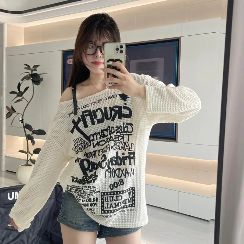 【Ready】Pola huruf Amerika di bahu terbuka, kaos lengan panjang putih/atasan longgar, ramping dan bernapas gaya baru 3