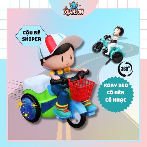  Đồ chơi cậu bé Shipper đạp xe xoay 360 độ chạy pin có đèn có nhạc vui nhộn cho bé. 