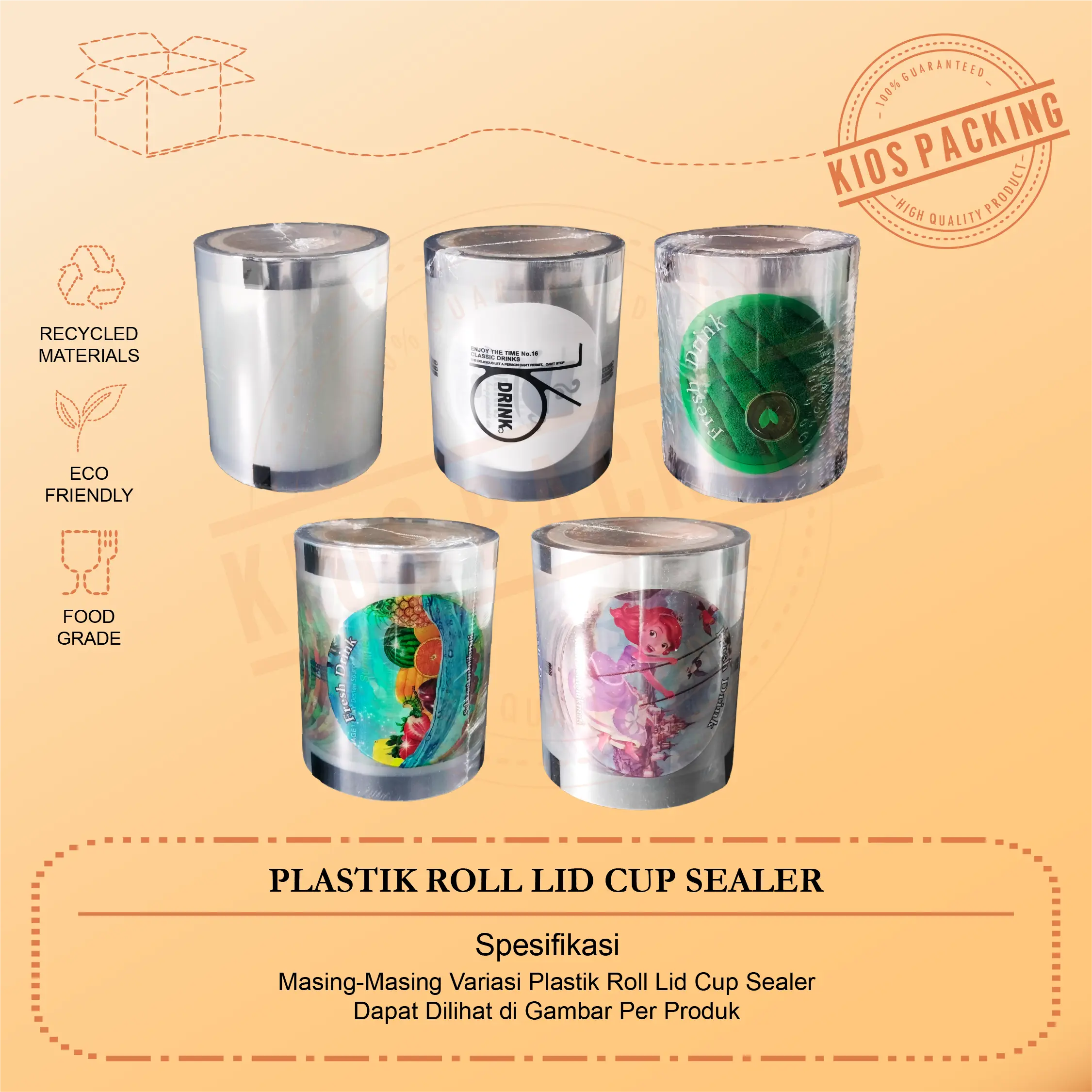 Tutup Segel Gelas Minum Plastik Roll Lid Cup Sealer Press Motif Kartun Buah Polos Daun Teh Drink Thank You - Vacuum