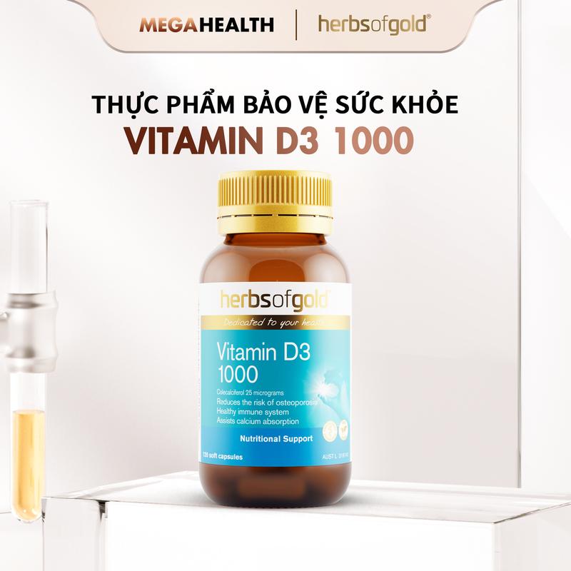 Viên Uống Vitamin D3 1000 Herbs of Gold – Hỗ Trợ Miễn Dịch, Hấp Thu Canxi, Giảm Nguy Cơ Loãng Xương (120 Viên)