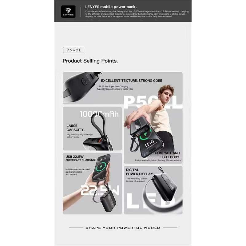 [ Sertifikat CCC ] LENYES P562L Mini Powerbank 10000mAh Fast Charging 22.5W Built In Dual Kabel Type C + Lightning Output Power Bank Portable