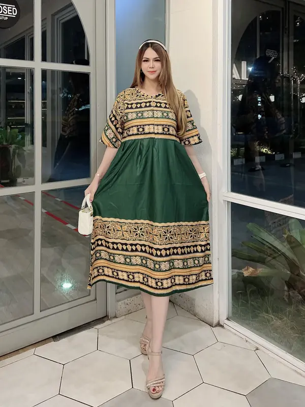 Dress Wanita dengan Kain Rayon Lembut dan Nyaman untuk Motif Songket Gelombang Cantik Casual Daster Panjang 2