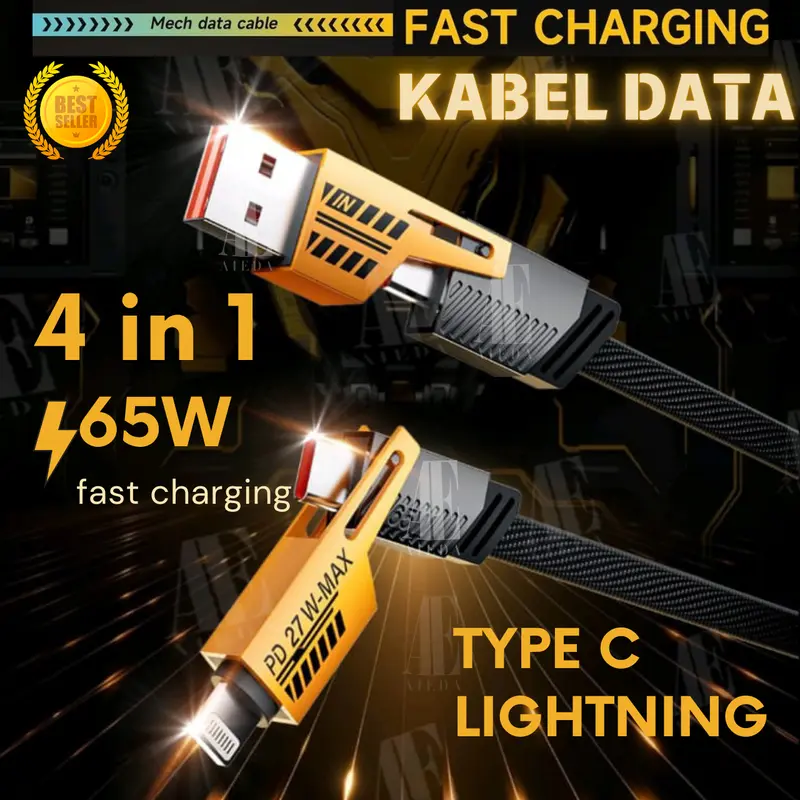 AiEda - Kabel Charger Data 4 in 1 Convertible Metal Fast Charge Cable 65W 3.9 ft Kabel TYPE C & Lightning/Iphone (Tidak Untuk Micro/Usb) Panjang 100Cm 0