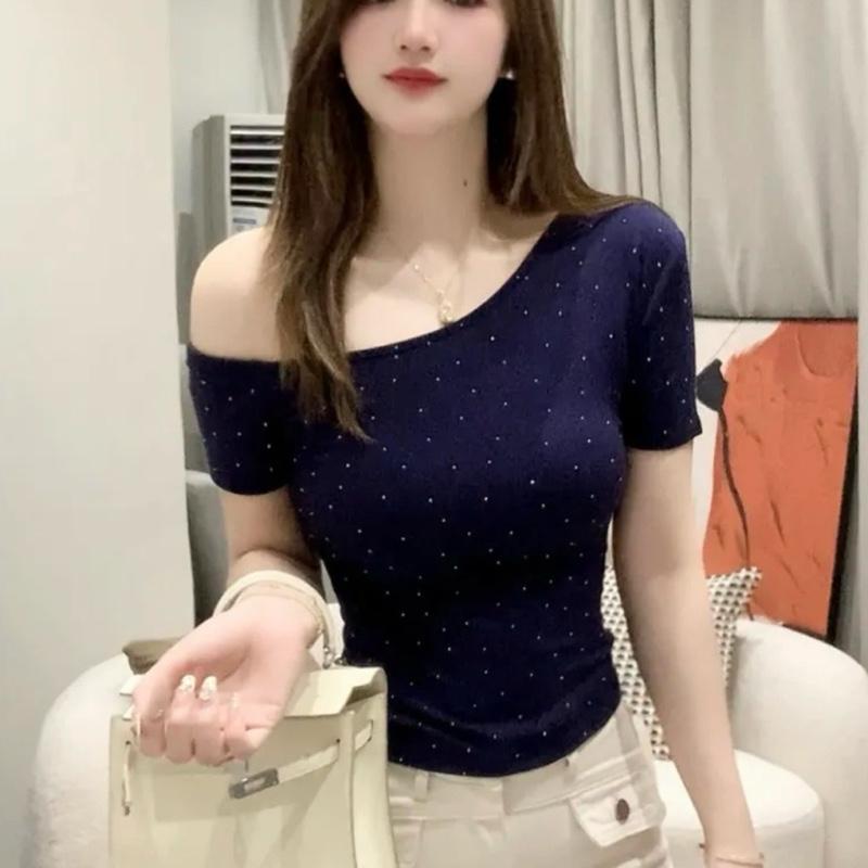 [A-85]( DEAL MỞ BÁN) ÁO LỆCH VAI ĐÍNH ĐÁ ÔM BODY CHẤT COOTON MỊN dáng baby tee mặc đi làm đi chơi sang chảnh