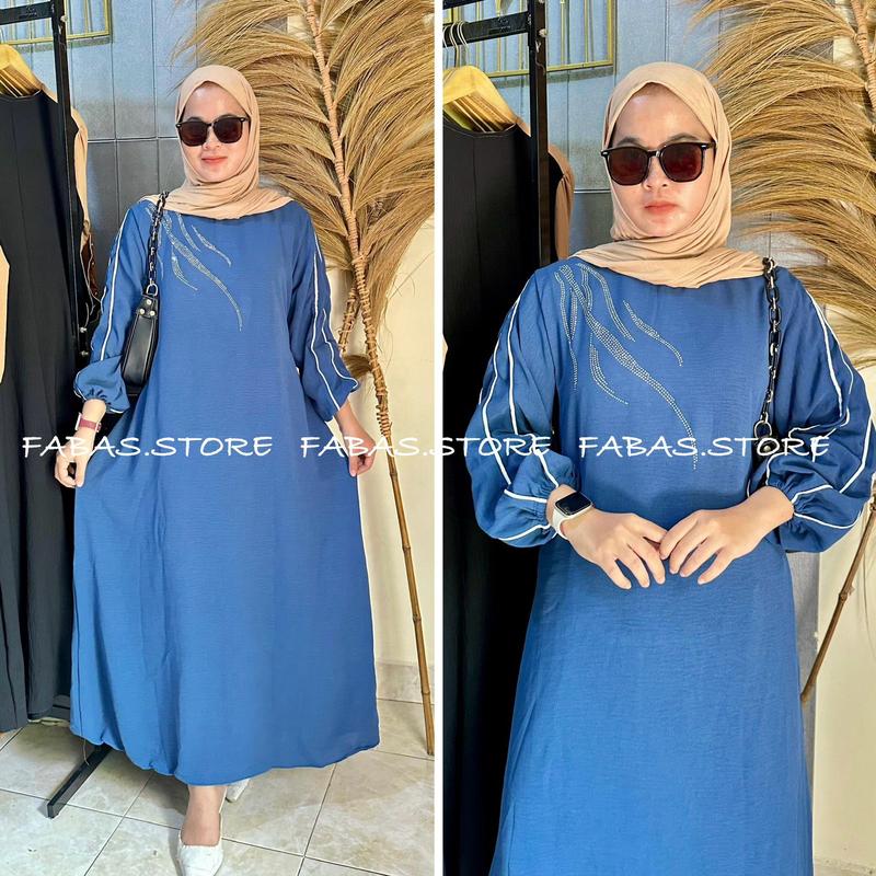 Azkya Dress  Gamis Cringkle Airflow mix Swarosky premium Wanita Muslim Kain Crinkle Flowy Nyaman Panjang Wudhu Lebaran Simple 1