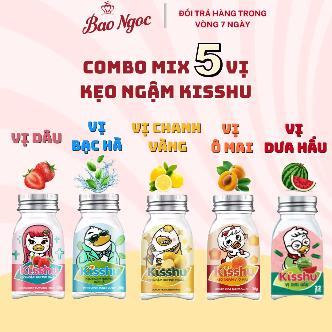 [COMBO MIX 5 VỊ] Kẹo Ngậm Thơm Miệng KISSHU, Kẹo Ngậm Vị Bạc Hà, Vị Chanh Vàng, Vị Dưa Hấu, Vị Dâu Tây, Vị Ô Mai,.... - Ăn Vặt Bảo Ngọc