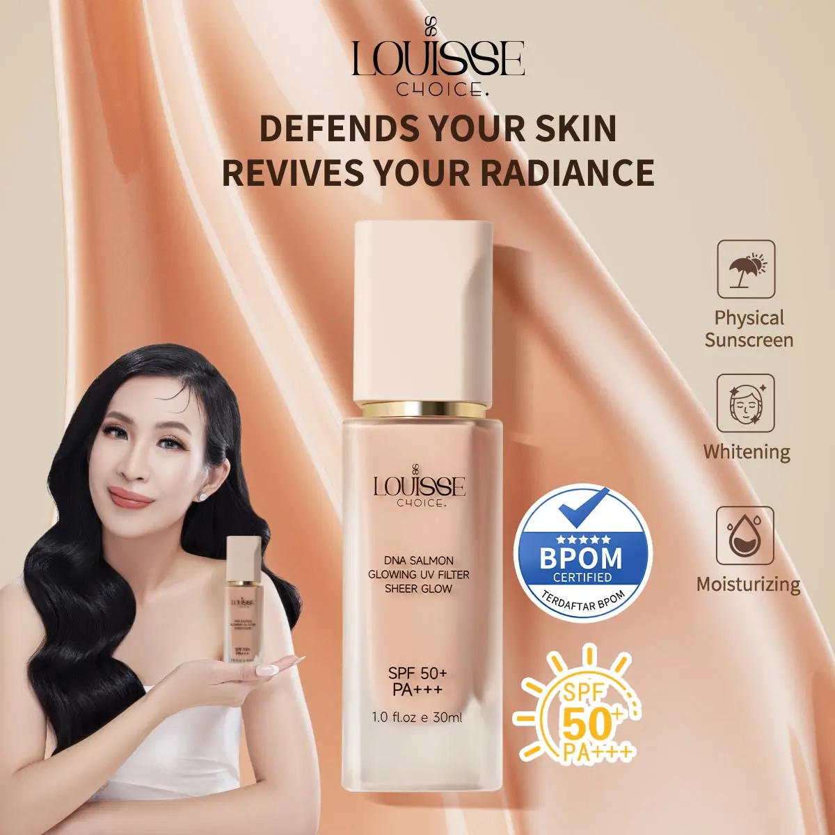 [LIVE]LOUISSE CHOICE DNA Salmon Glowing UV Filter Sheer Glow SPF 50+ PA+++ 30ml Physical Sunscreen Whitening and Repairing Moisturizing BPOM
