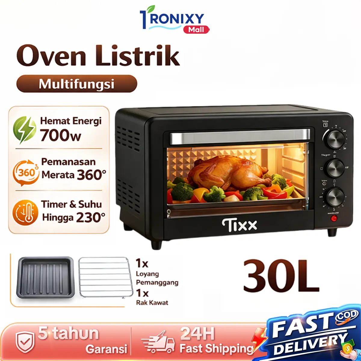 Tixx Oven Listrik 30L Multifungsi 700W Hemat Daya Pemanasan Merata Anti Gosong Dilengkapi Timer Suhu Maks 230 Derajat Praktis Mudah Digunakan Panggang Kue Pizza Ayam Ikan Untuk Rumah Tangga Dan Usaha Awet Tahan Lama Bergaransi Harga Ekonomis