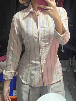 Product Review of Wispie Girl Boss Fitted Shirt | Kemeja kerja wanita fit garis stripe karet Lembut pink hijau biru from l**l 0