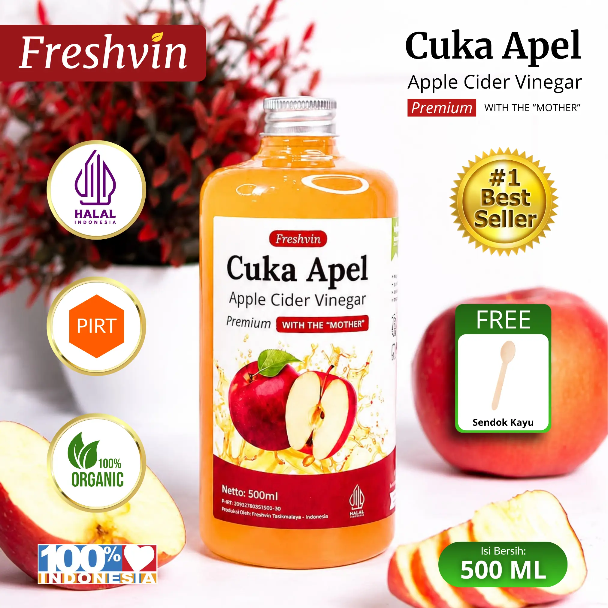 Freshvin Cuka Apel 500 ML 100% Alami Tanpa Bahan Kimia Murni Segar & Nikmat (By Nutrifresh). Free Sendok Kayu