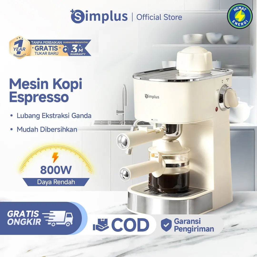 【BISA COD】Simplus Mesin Kopi Espresso Semi Otomatis 800 Watt 5 Bar 240ml Coffee Maker Portafilter 51mm Milk Frother Steam Wand Stainless Steel 304 Ekstraksi 3 Menit Latte Cappuccino Americano Mocha Coffee Machine KFJH021