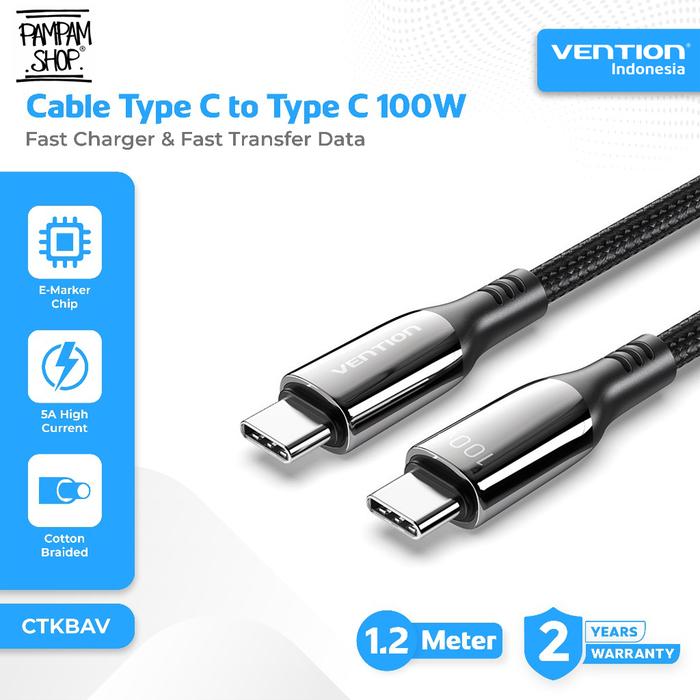 Gambar VENTION CTKBAV Kabel Data Type C to Type C Super Fast Charging 100W 5A PD PPS Nylon Braided Zinc Alloy Shell Cable 1.2M 1.2 Meter Tipe C 3A Power Delivery dari Pampam Shop Kab. Tangerang Tokopedia