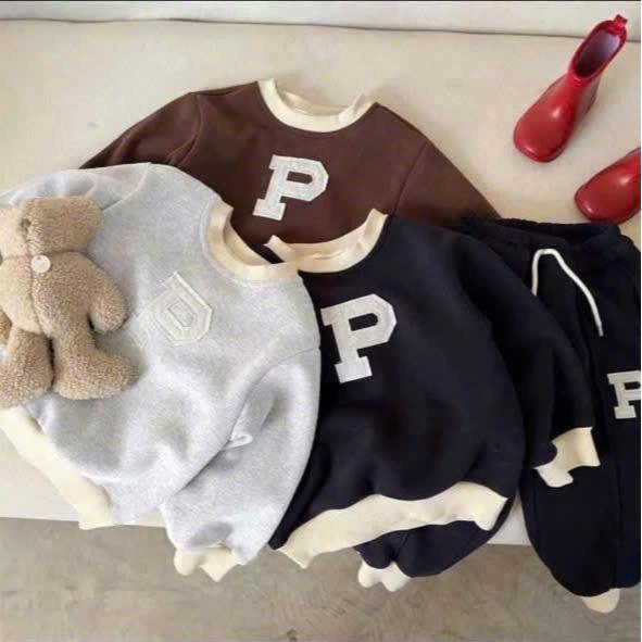 Bộ Quần Áo Nỉ Bông Chữ P 3 Màu Chất Liệu Nỉ Bông Cho Bé Trai Bé Gái 8-18KG Size 1-5 Đồ Bộ Bé Gái Đồ Trẻ Em