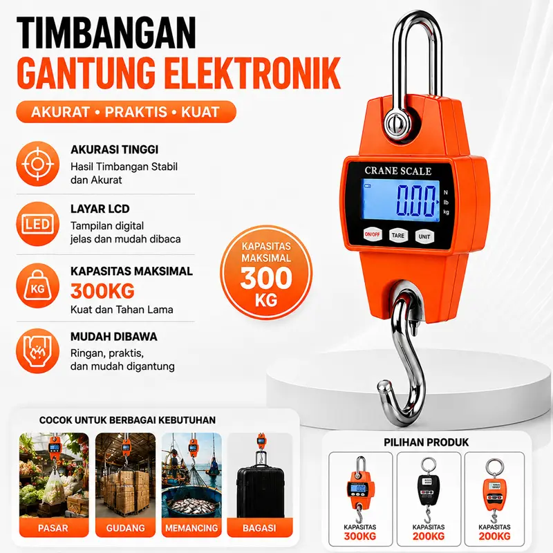 Timbangan Gantung Digital 300Kg Digital LED Orange LCD Smart Hook Scale LCD Portable Crane Scale