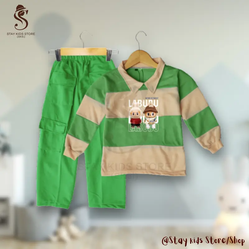 Stelan Anak Perempuan labubu viral 2025| Baju anak kekinian 3-12 tahun | kaos salur berkerah lengan panjang, Celana Motif Kargo crop one set | Pakaian lucu motif bergaris fasionable, santai dan nyaman, otfit labubu celana cargo modis | Fashion anak trendy 3
