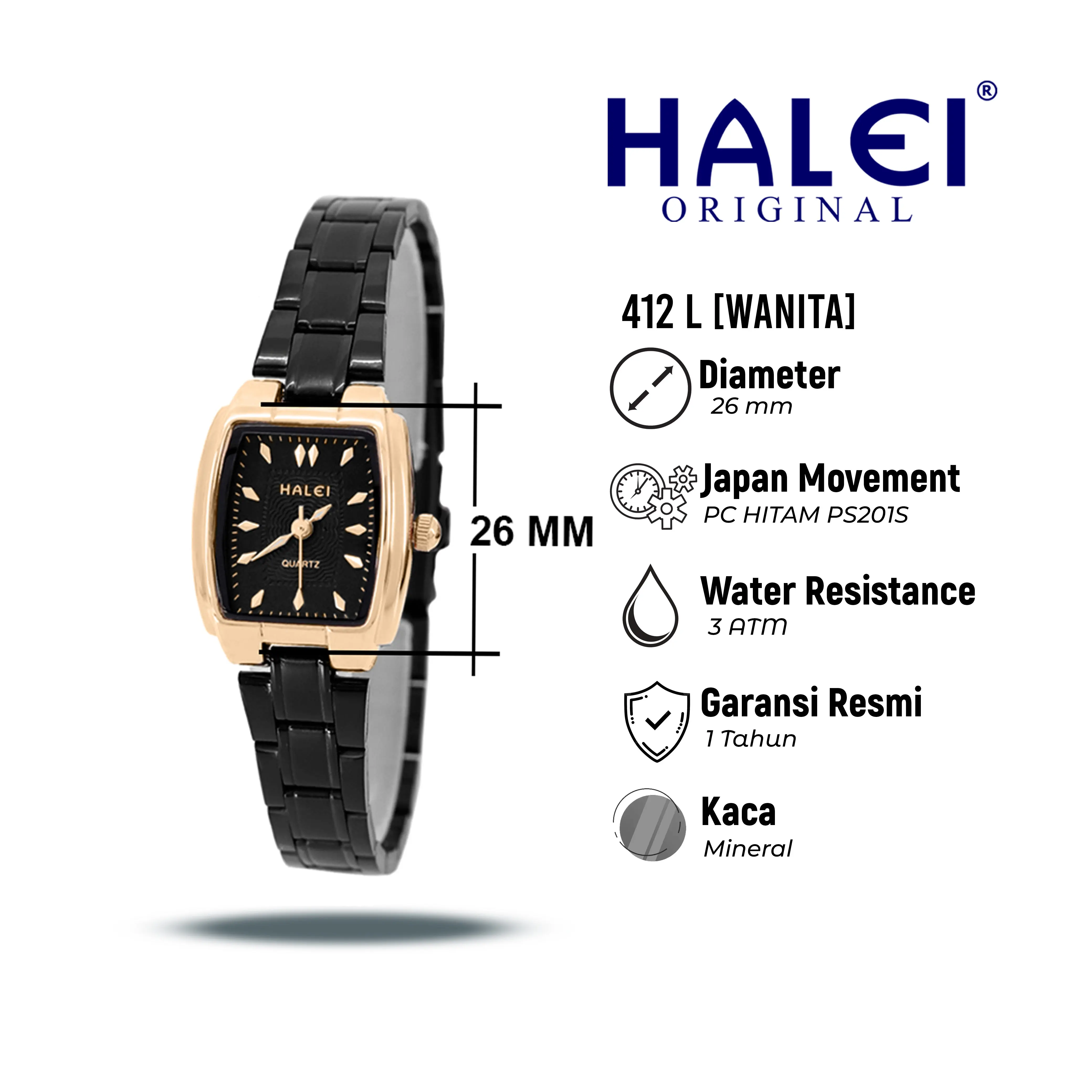 Halei Watch 412 L - Jam Tangan Wanita Rantai Stainless Steel Analog Kekinian - Tahan Air dan Garansi 1 Tahun. Free Box