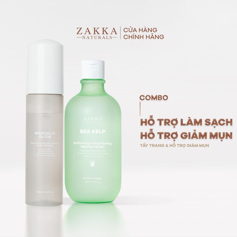 Bộ Đôi Zakka Naturals Nước Tẩy Trang Tảo Biển 500ml và Sữa Rửa Mặt Mandelic 185ml Hỗ Trợ Làm Sạch, Không Làm Khô Da
