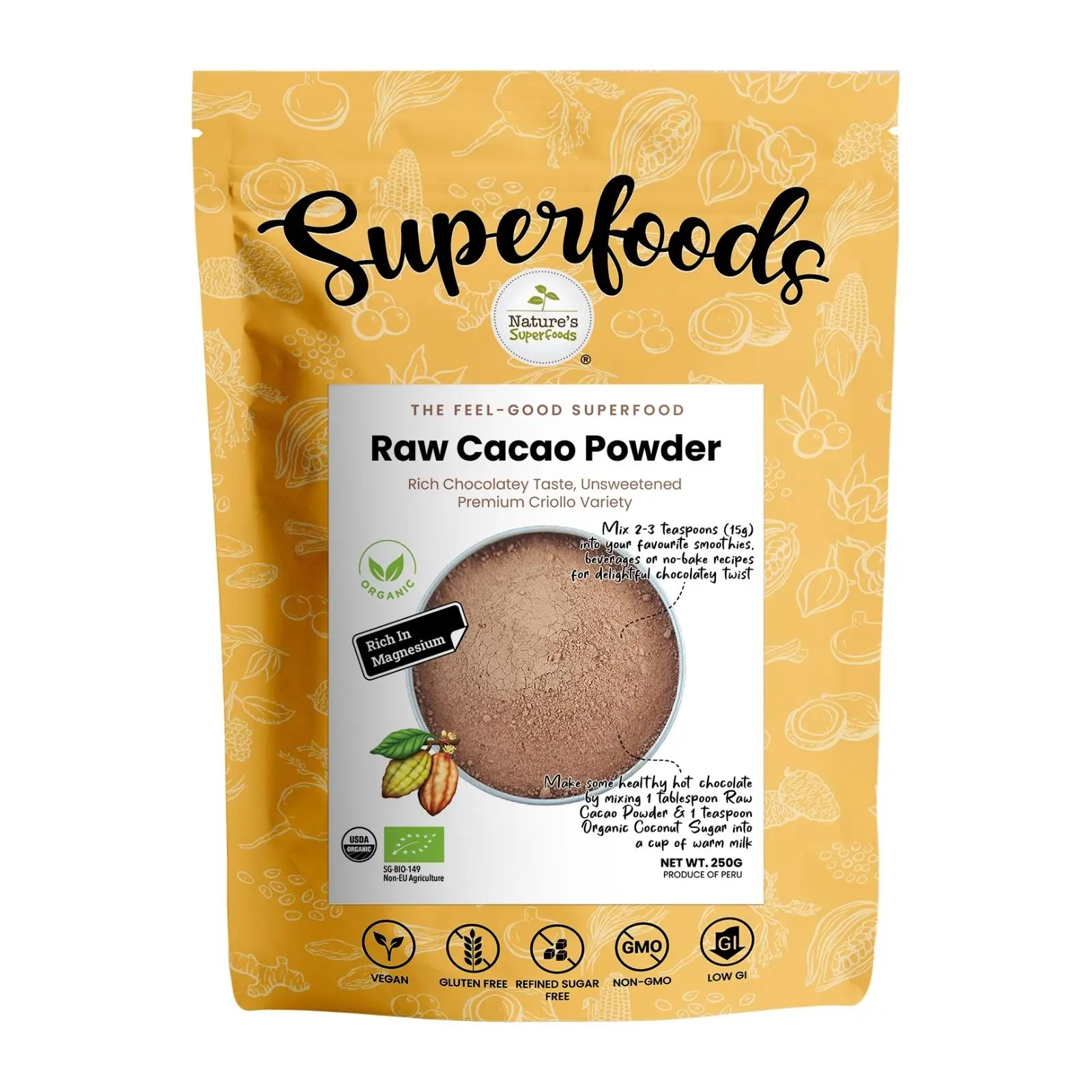 Nature's Superfoods Organic Raw Cacao Powder 250G | Not Dutch-Processed, Non-Alkalized | Non-GMO, Vegan | 100% Natural Cocoa for Hot Chocolate Beverages, Desserts & Baking Recipe, Pure