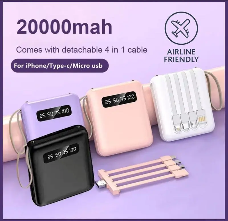 Flight Friendly Mini Power Bank 20000mAh Built in cable Fast Charging Type C Lightning USB Micro USB Cute Design LED Light Macaron Design with Lanyard Accessories Device