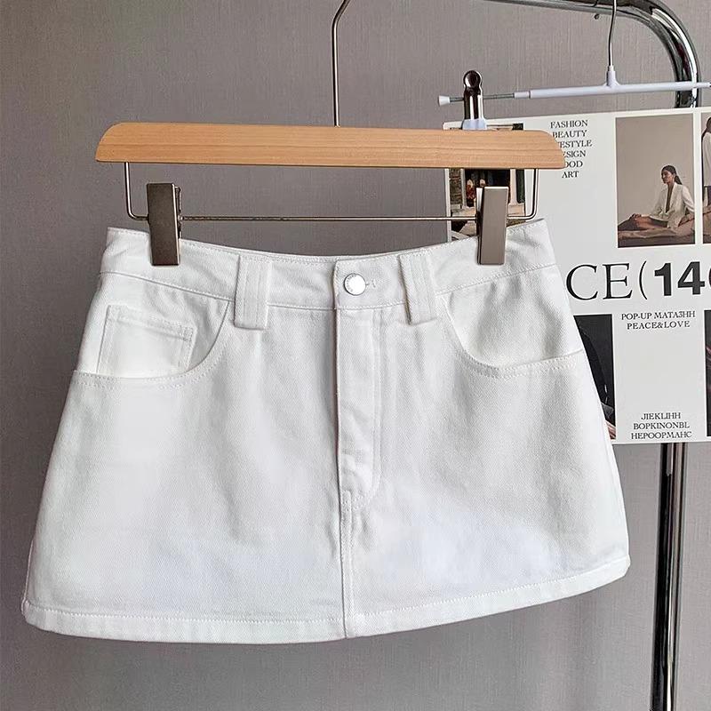 KoKo Jeans-กระโปรงยีนส์สั้นรูปตัวเอ สีขาว เอวสูง สไตล์เกาหลี สำหรับผู้หญิง ปี 2025